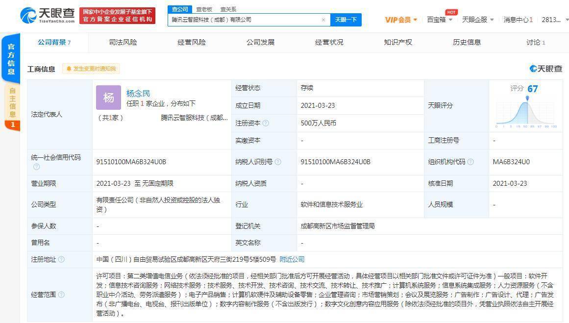 腾讯扩展版图 成立腾讯云智服科技(成都)，注册资本500万元加码数字内容创新